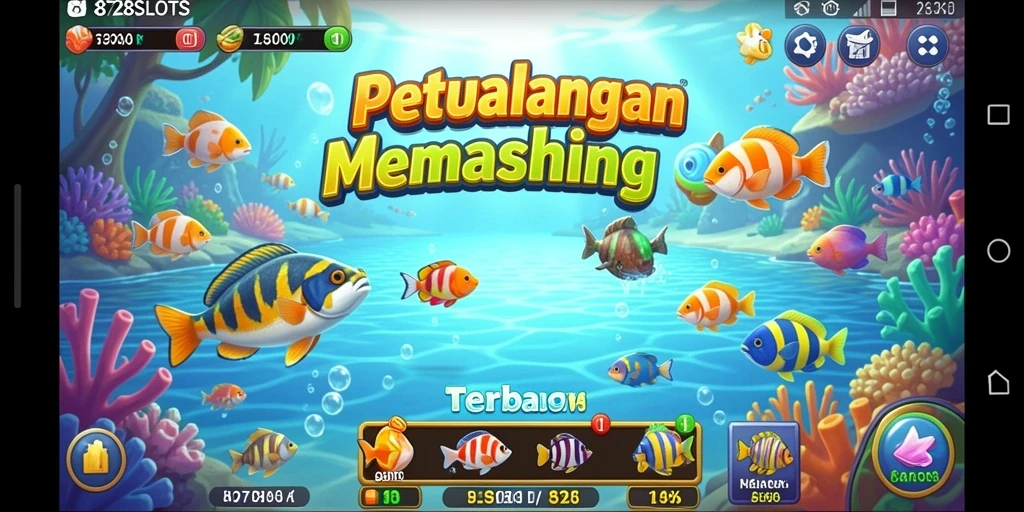 Tampilan gameplay 8728SLOTS menampilkan keindahan lokasi memancing dan ikan yang beragam.